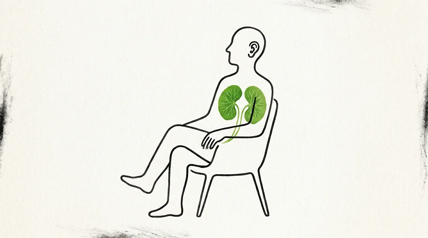 A minimalist ink and green watercolor illustration showing a person listening to their internal organs, represented by kidney-shaped leaves.