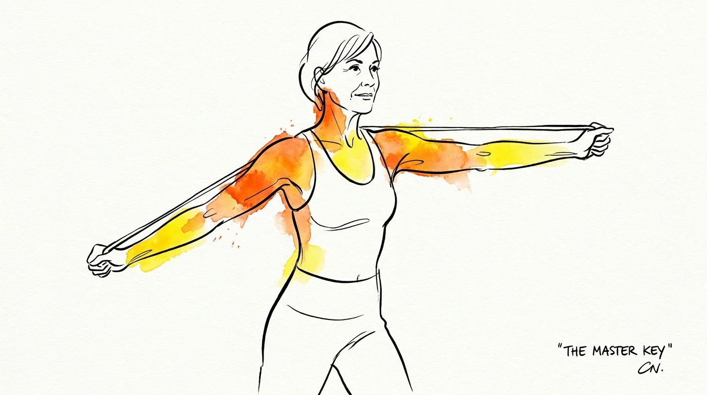 A minimalist ink and watercolor sketch of a woman exercising, with bright colors highlighting active muscles.