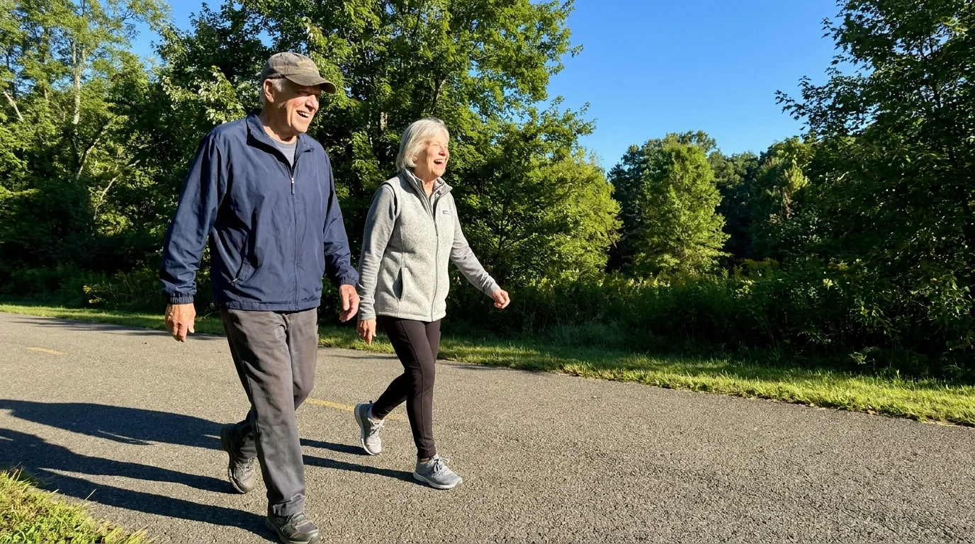 A senior couple walking energetically on a park path, illustrating the mobility that comes with good kidney function.