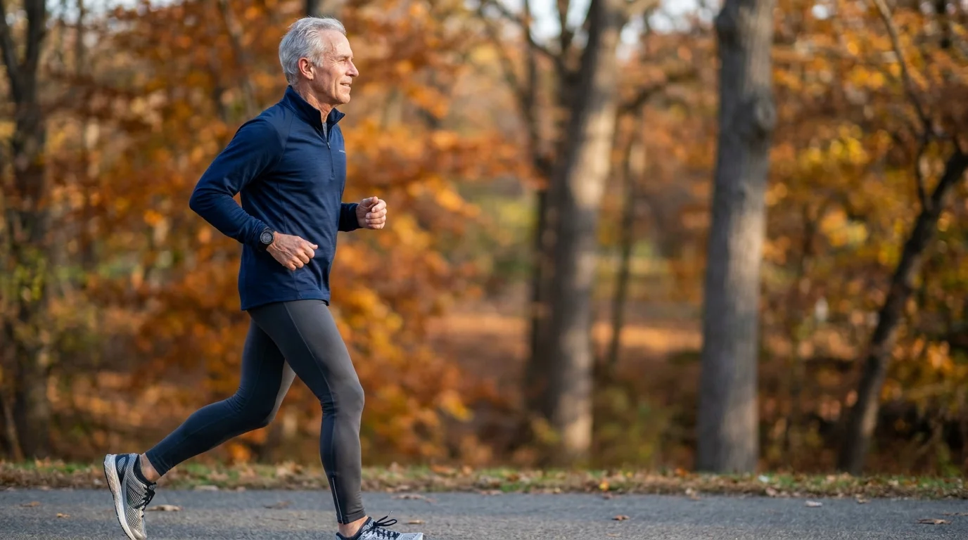 A senior man power-walking on a park trail, demonstrating safe and effective low-impact exercise for cardiovascular health.