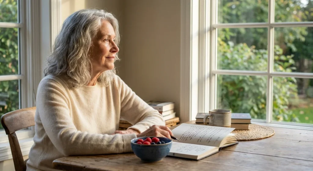 A serene woman in her 60s sitting in a sunlit kitchen, looking thoughtfully out the window with a healthy breakfast and notebook nearby.