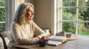A serene woman in her 60s sitting in a sunlit kitchen, looking thoughtfully out the window with a healthy breakfast and notebook nearby.