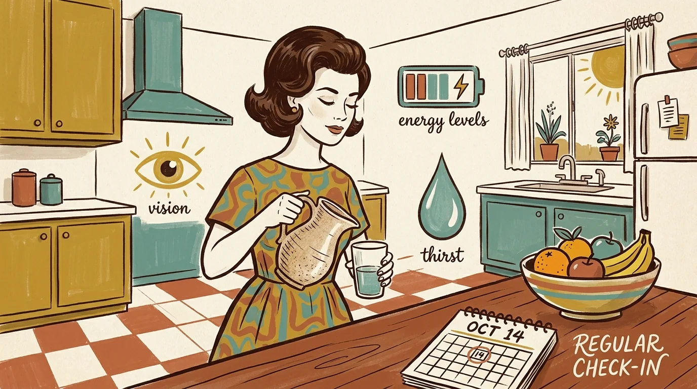 A stylized illustration of a woman being mindful of her health signs, featuring icons for thirst and energy.