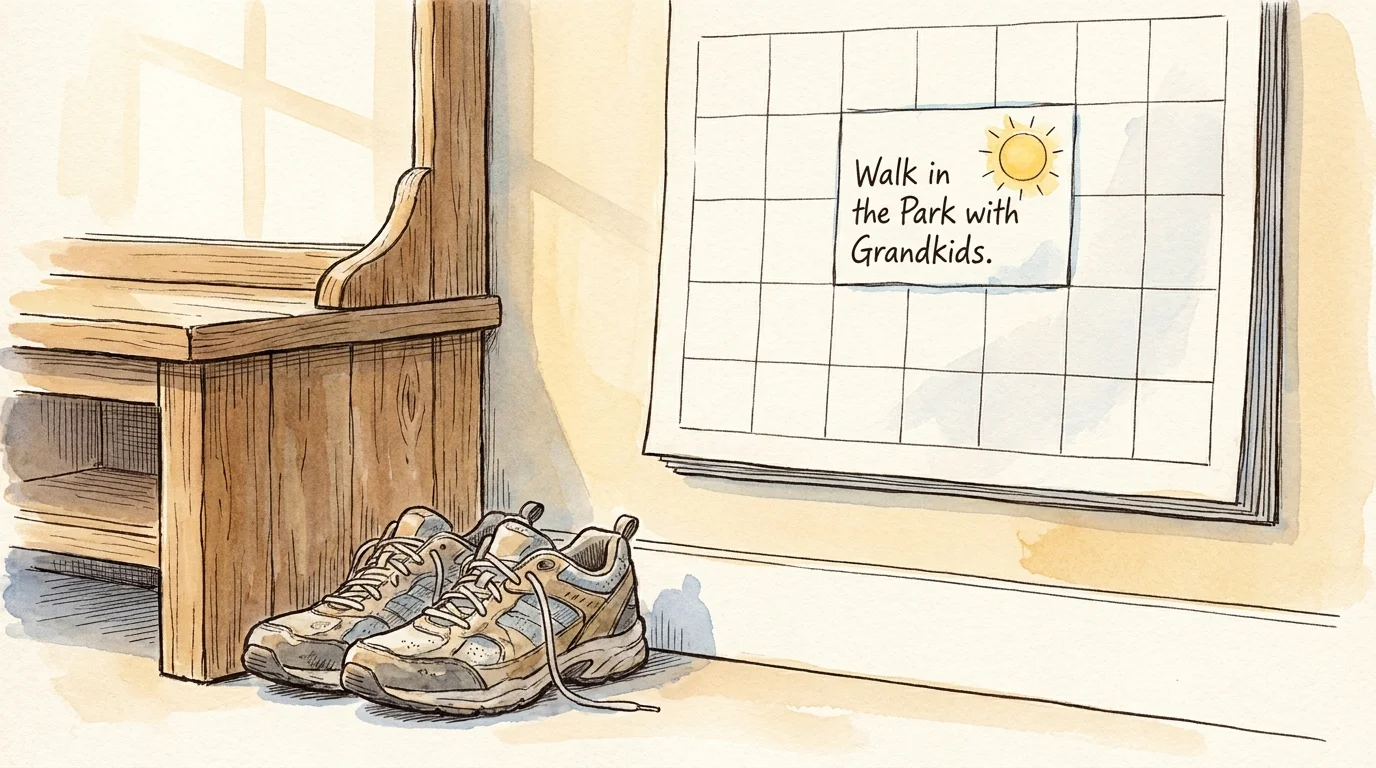 A watercolor illustration of a wall calendar with a note about walking with grandchildren, symbolizing the emotional motivation for staying 