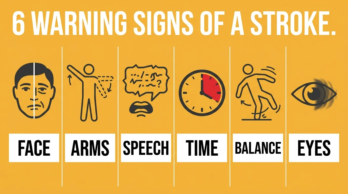 An infographic displaying the six warning signs of a stroke: Face drooping, Arm weakness, Speech difficulty, Time, Balance loss, and Eyesigh