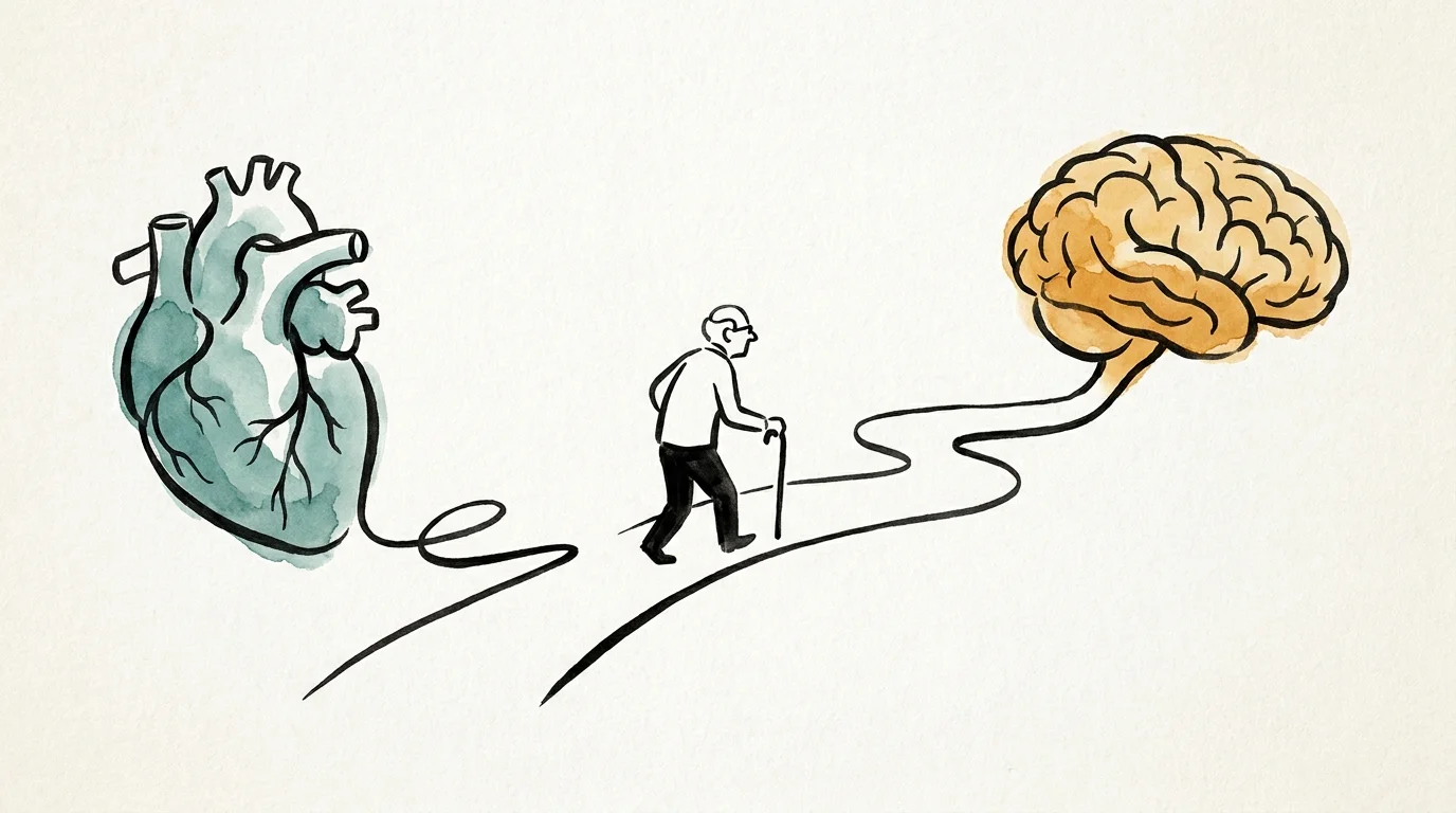 An ink and watercolor illustration showing a path connecting a heart and a brain, symbolizing the link between physical activity and stroke 