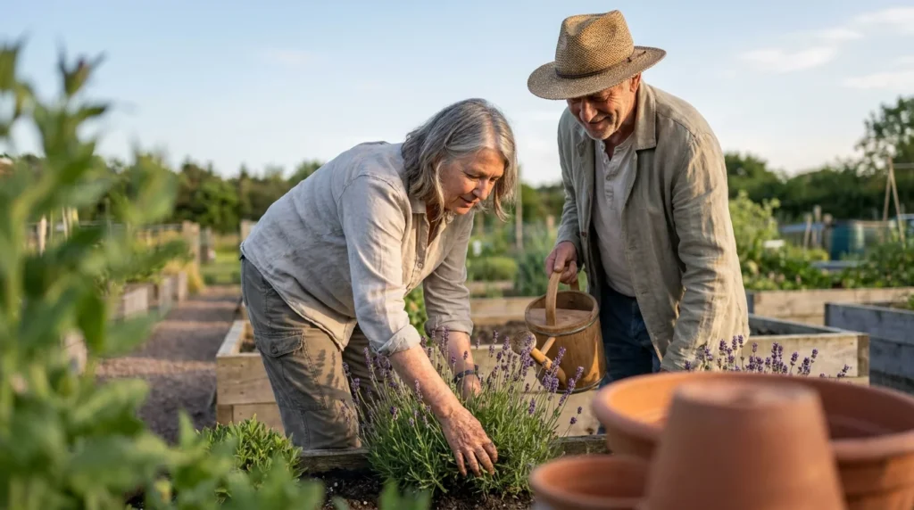 An older couple gardening together in a sun-drenched backyard, symbolizing vitality and a proactive approach to health and wellness.