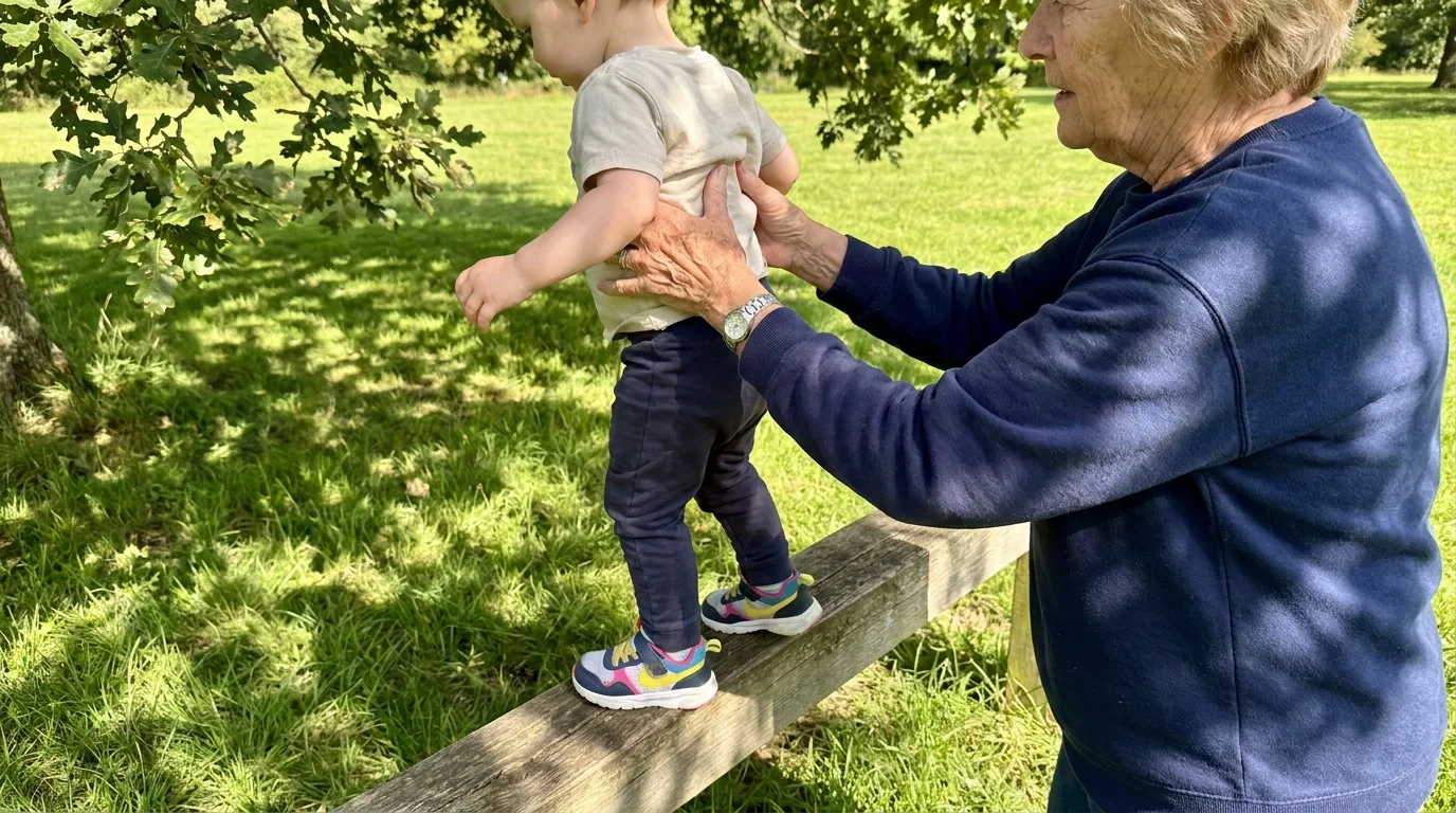 Close-up of a grandmother's hands supporting a grandchild playing outside, symbolizing strength and family connection.