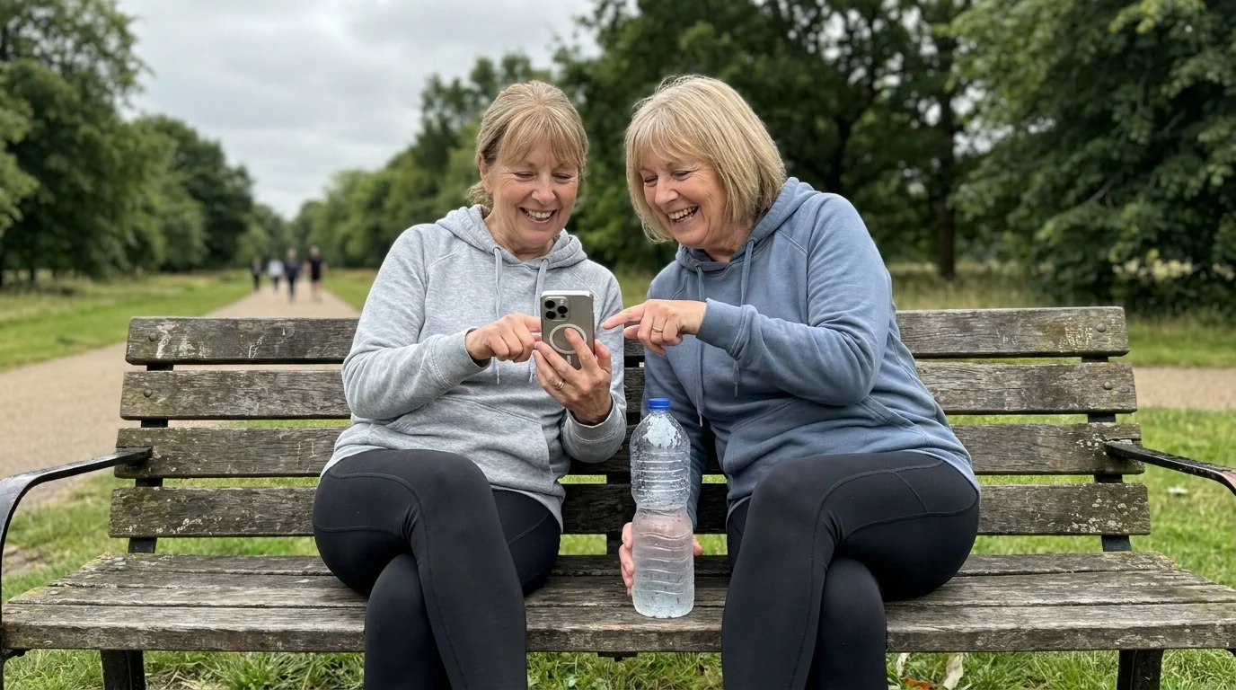 Two senior women laughing and sharing water after a walk, highlighting the role of social support in staying healthy.