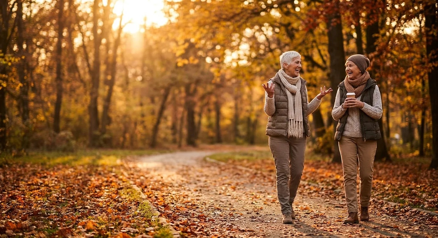 Two women over 60 laughing and walking together in a beautiful autumnal park, illustrating the power of social motivation.