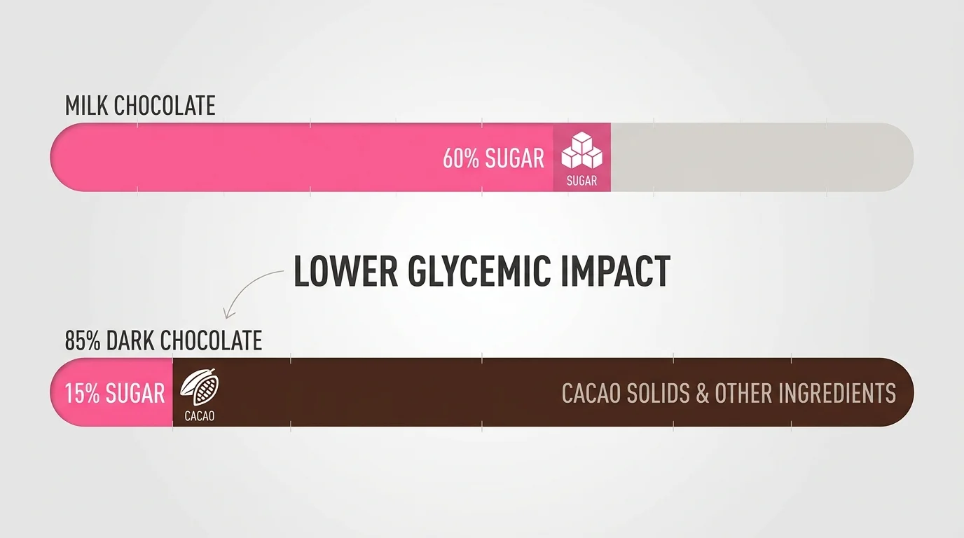 A bar chart comparing the high sugar content of milk chocolate to the low sugar content of 85% dark chocolate.