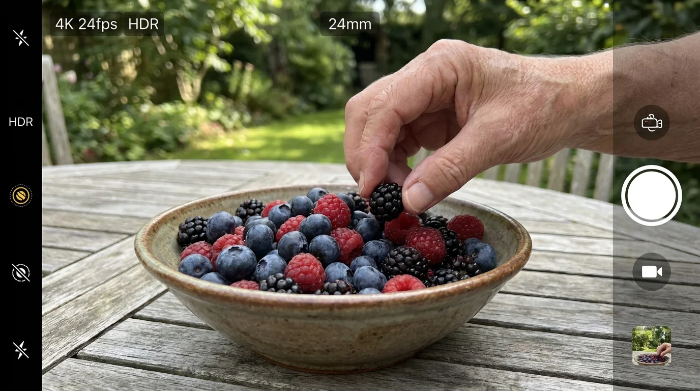 A bowl of fresh berries on a wooden table with a hand reaching for a blueberry.