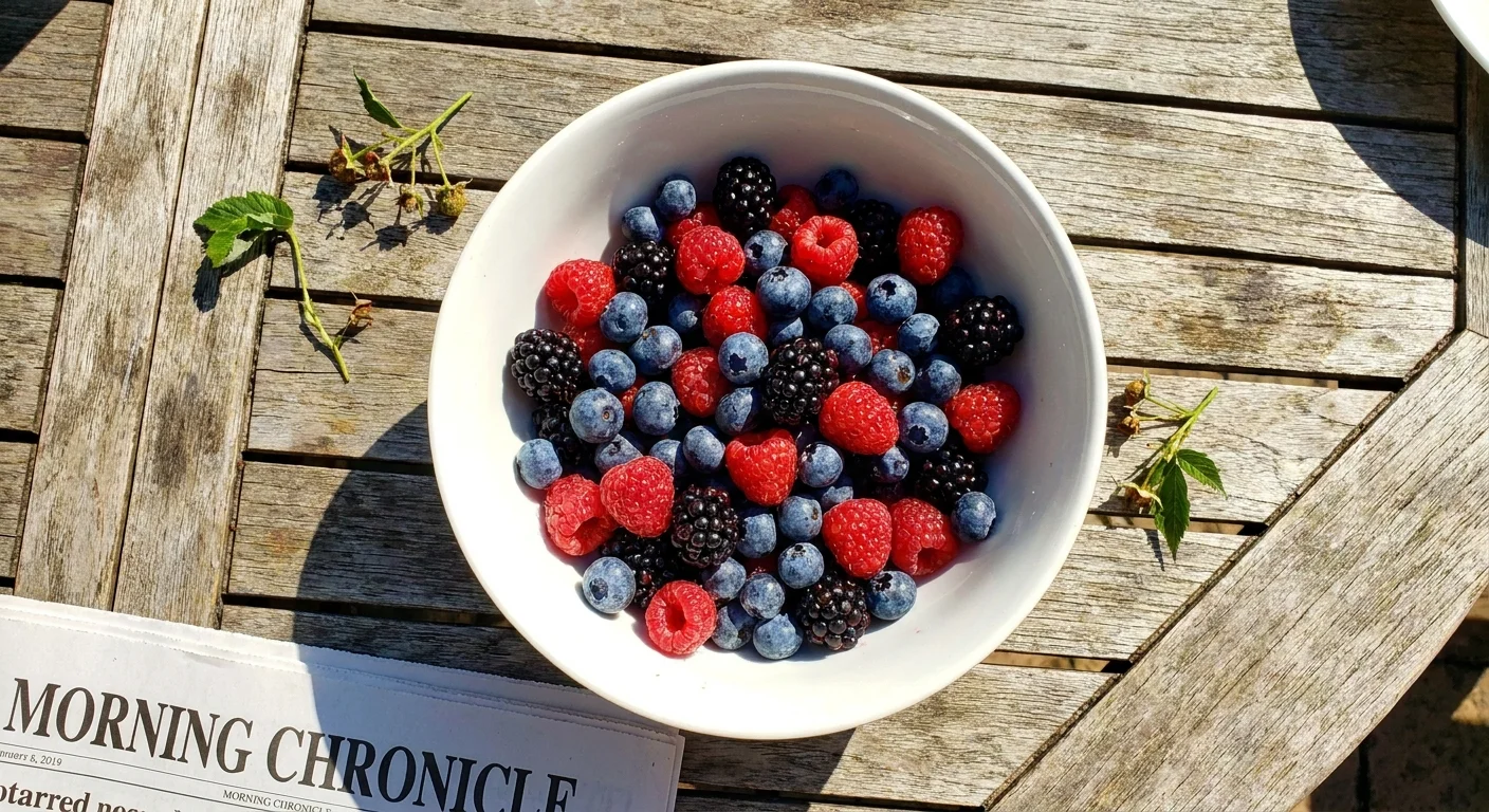 A bowl of fresh blueberries and raspberries on a wooden patio table in bright sunlight.