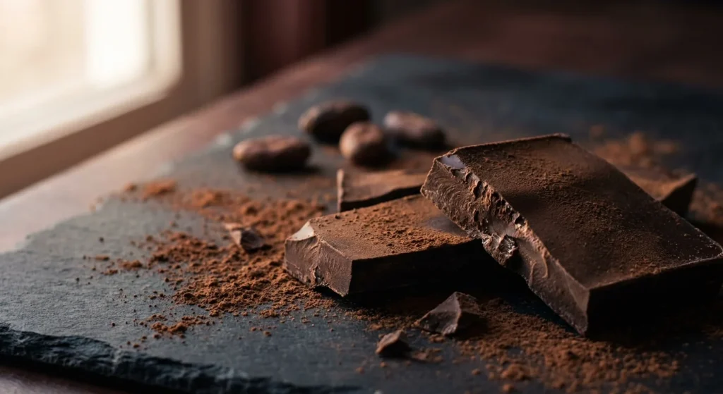 A broken artisanal dark chocolate bar on a slate surface with raw cacao beans in the background.