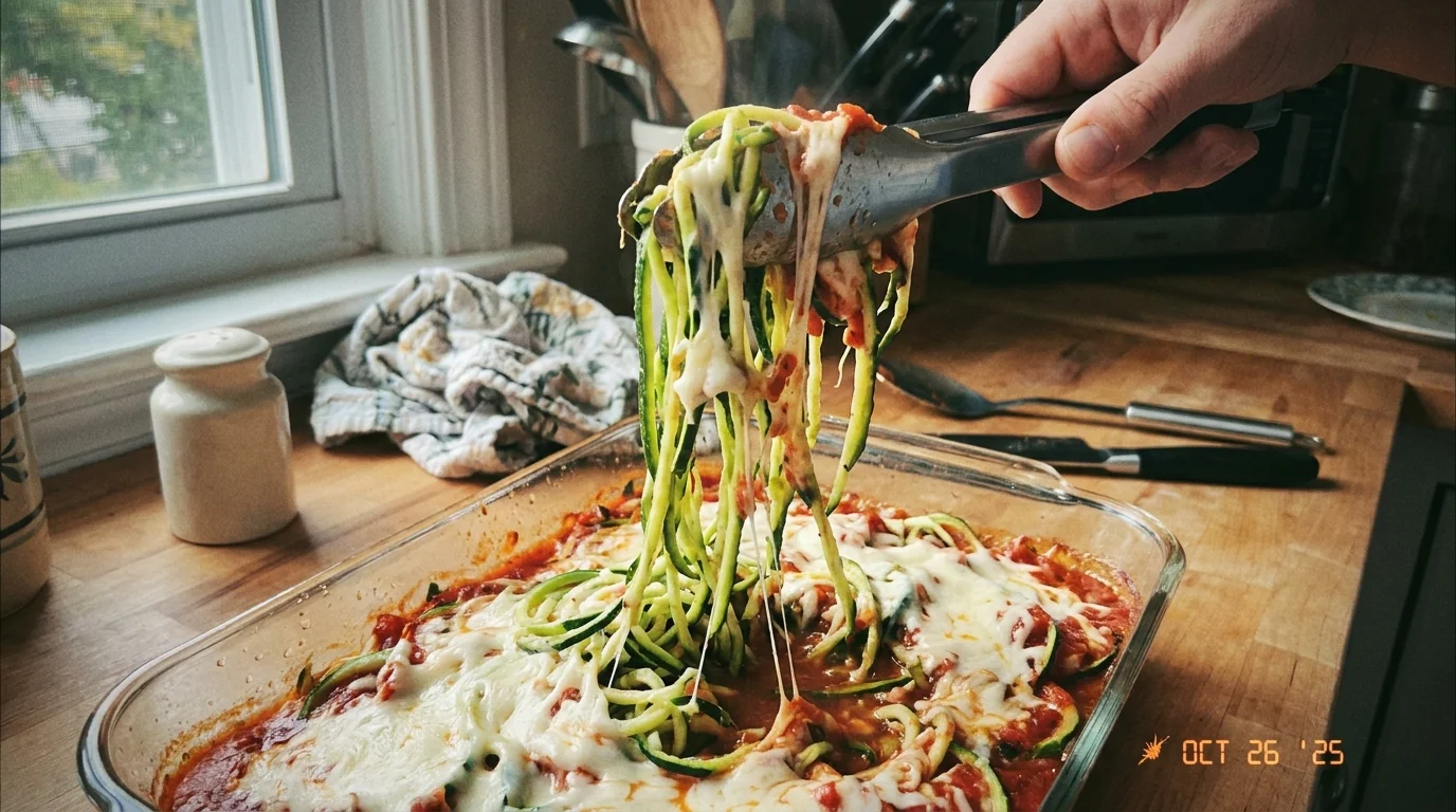 A candid photo of a person serving baked ziti made with green zucchini noodles and melted cheese.