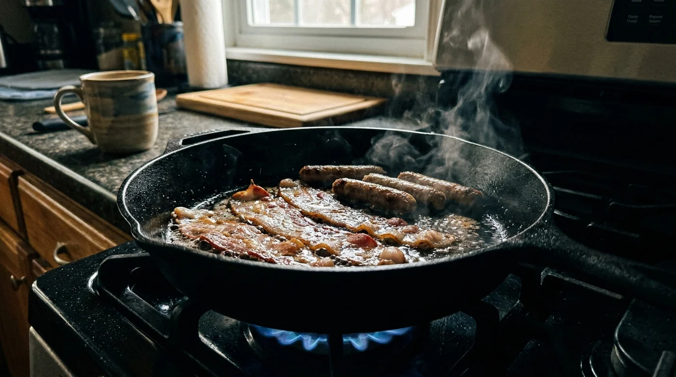 A cast-iron skillet on a stove filled with sizzling bacon and sausages, showing the rendered fats.