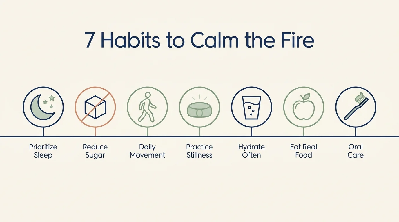 A clean infographic showing icons for seven daily habits: sleep, sugar reduction, movement, stress care, hydration, whole foods, and dental 