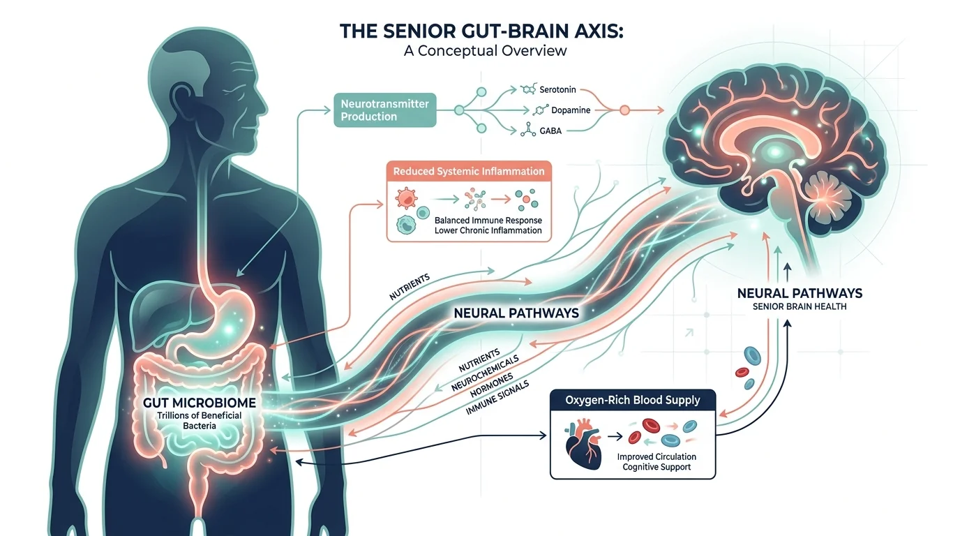 A clean medical diagram showing the connection between the gut microbiome and the brain with text labels for neurotransmitters.