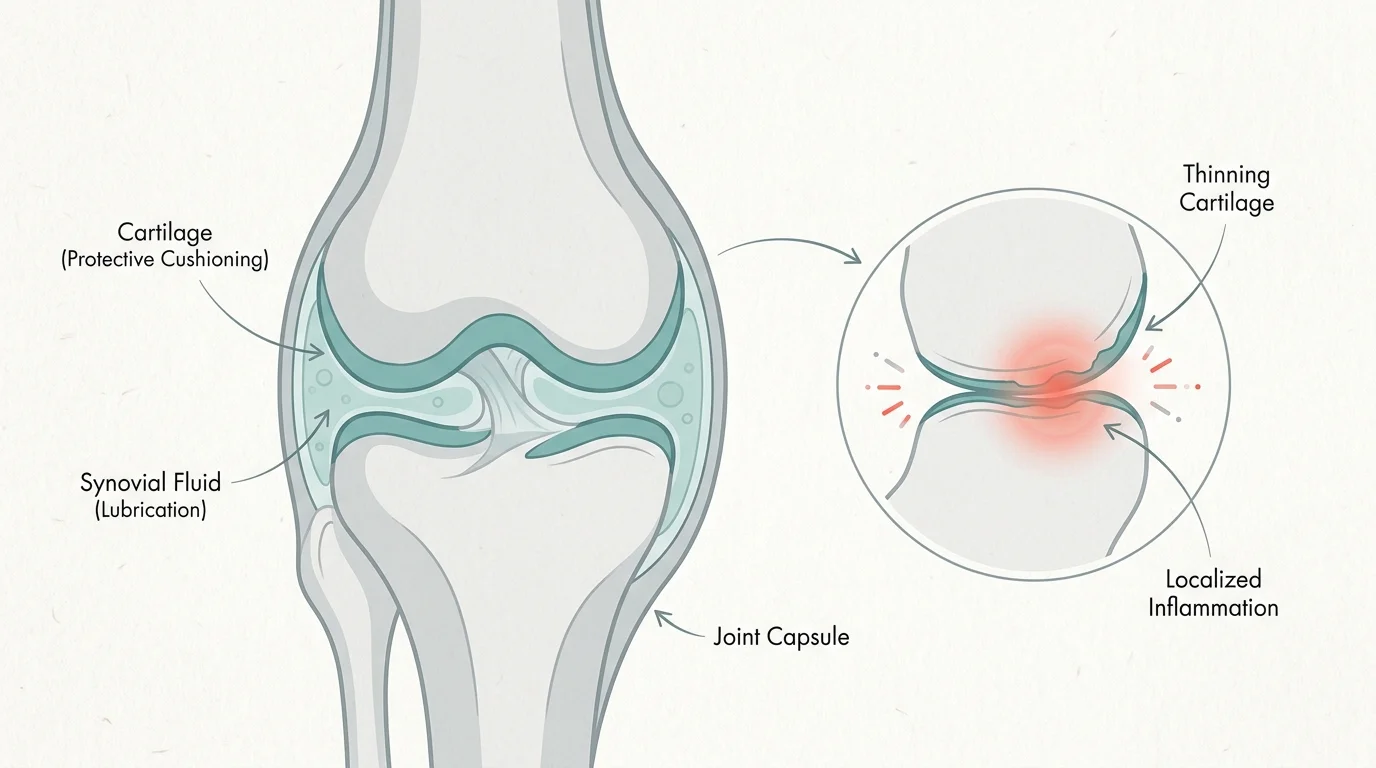 A clean, minimalist diagram of a knee joint labeling cartilage, synovial fluid, and areas of potential inflammation.
