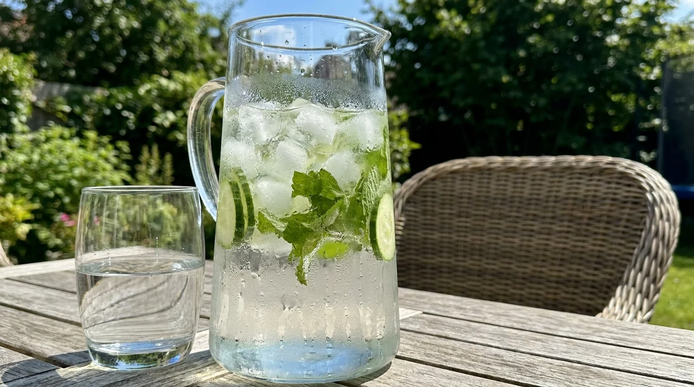 A clear glass carafe of water with cucumber slices and mint sits on a patio table, covered in refreshing condensation.