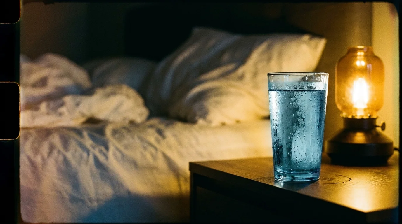 A close-up of a glass of water on a bedside table under the warm glow of a lamp.