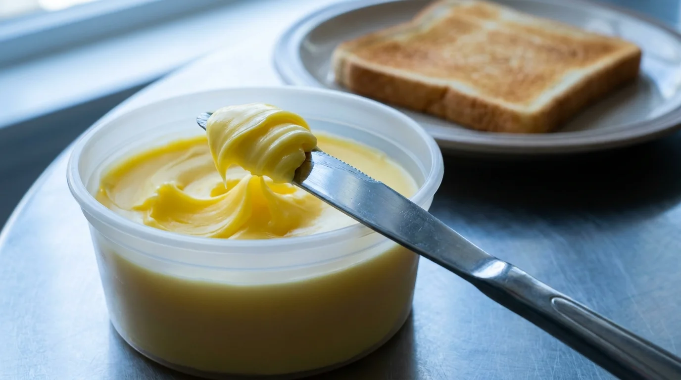 A close-up of a knife scooping a waxy, yellow artificial butter spread from a plastic tub.