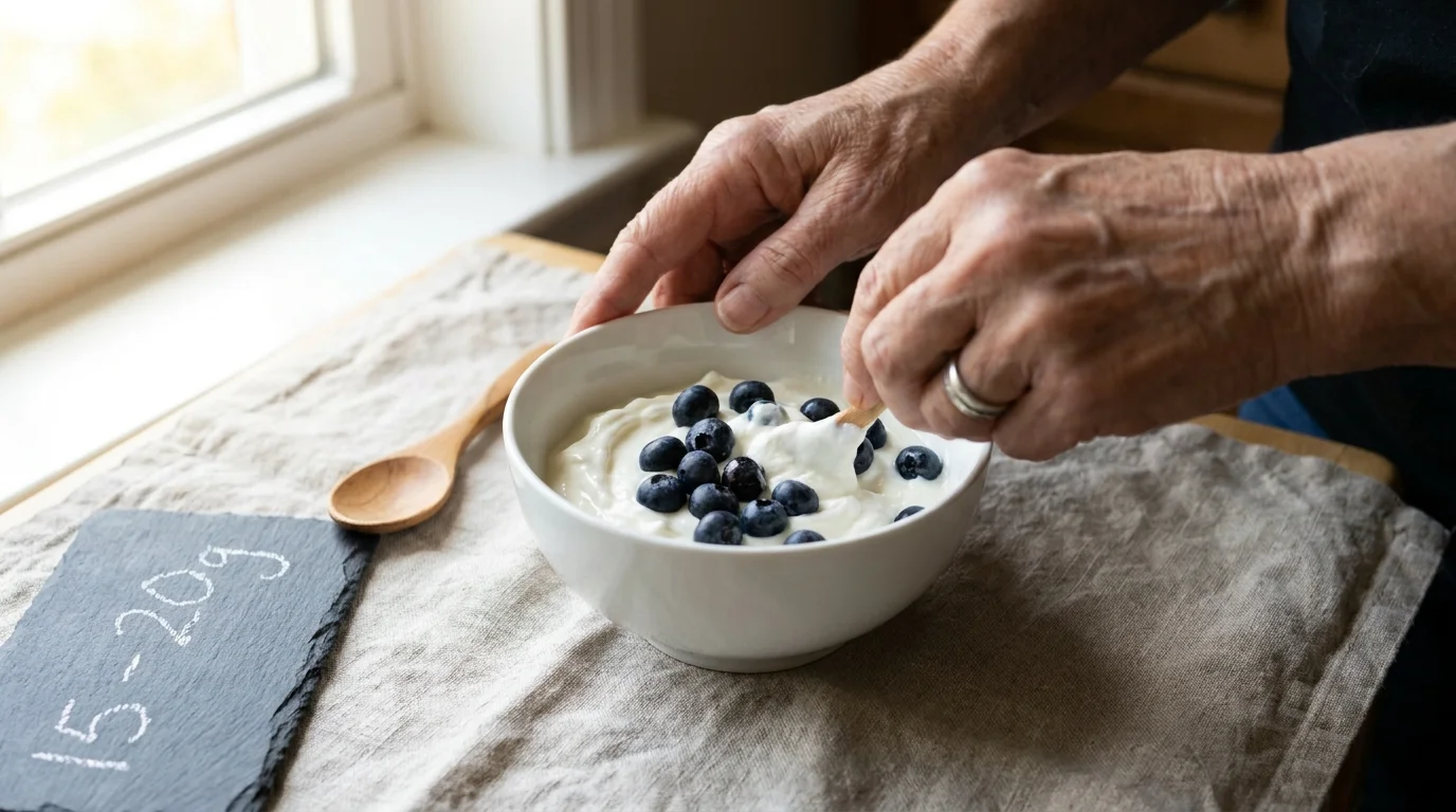 A close-up of a person's hands adding fresh blueberries to a bowl of thick Greek yogurt on a kitchen table.
