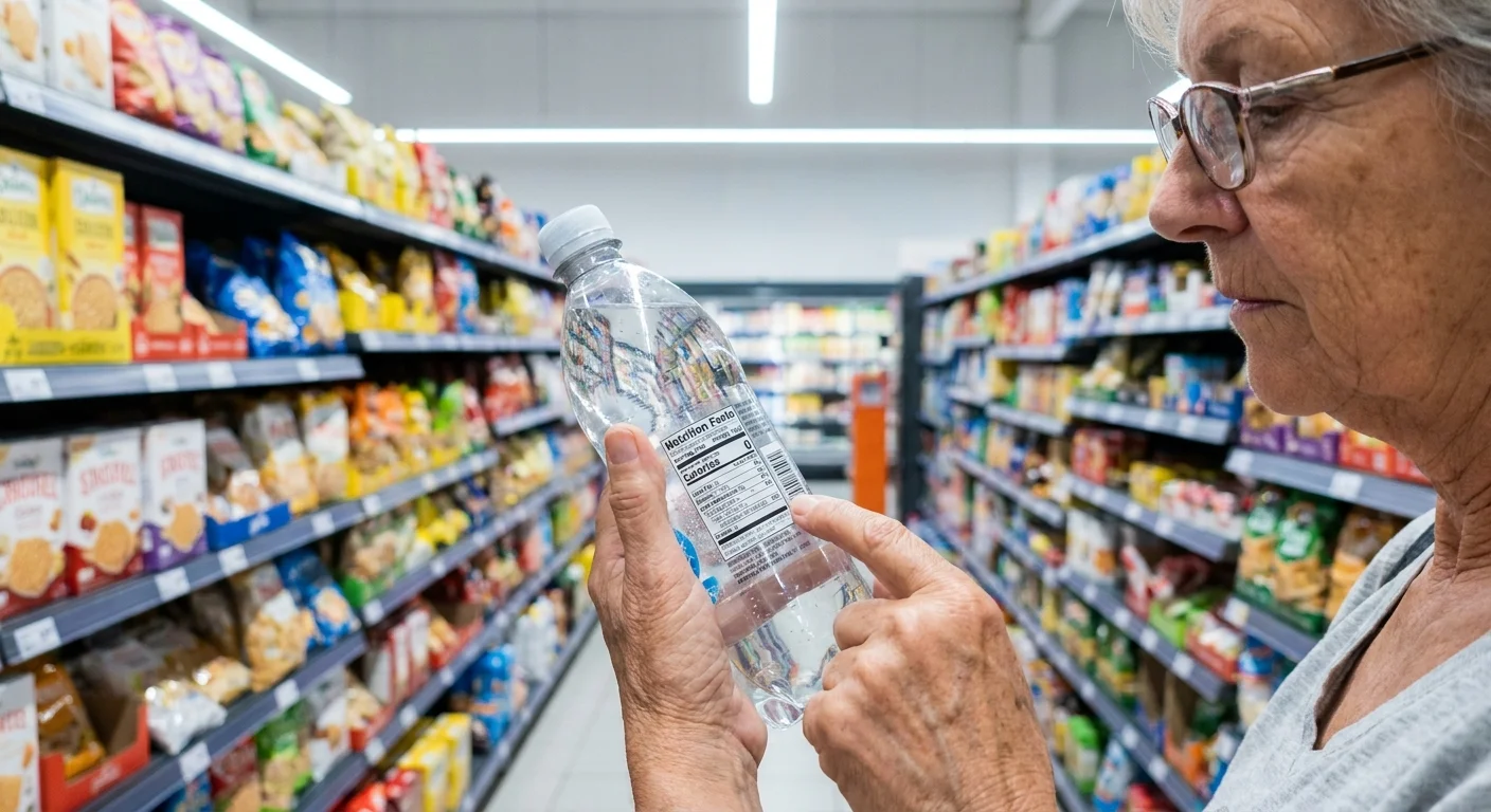 A close-up of a senior woman reading the nutrition label on a bottle of water in a grocery store.