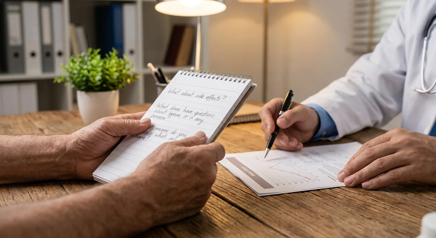 A close-up of a senior's hands and a doctor's hands reviewing a notepad together during a consultation.