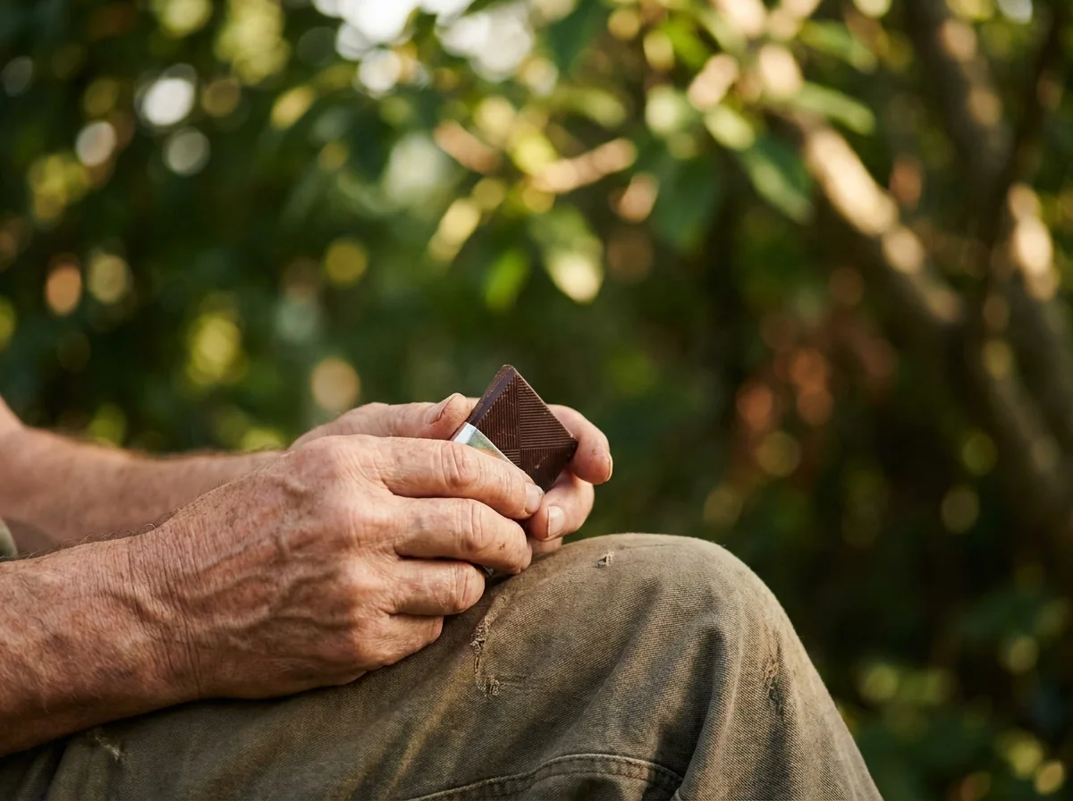 A close-up of a senior's hands holding a piece of dark chocolate in a sun-dappled garden.