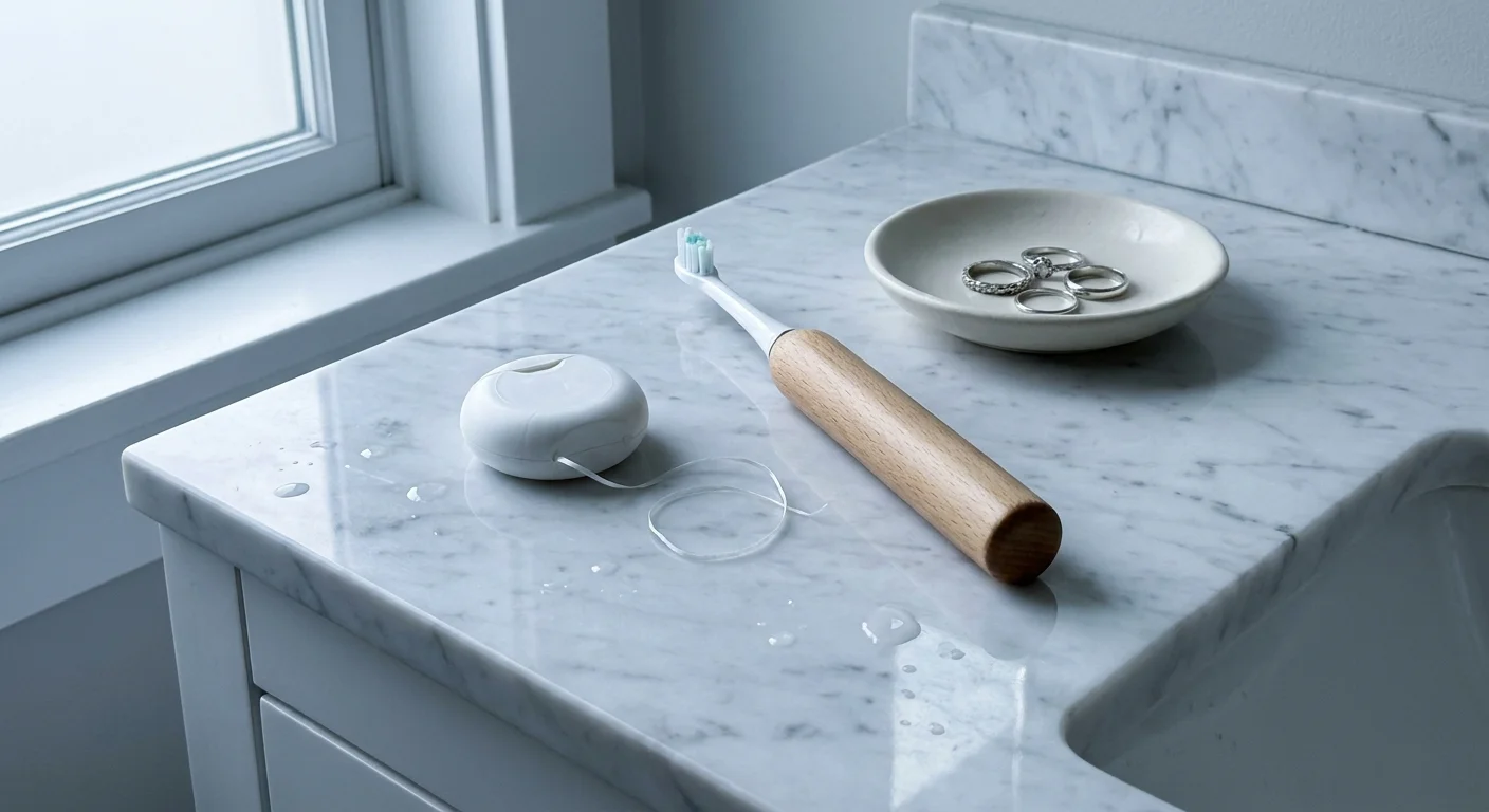 A close-up of a toothbrush and dental floss on a marble bathroom counter, emphasizing oral health.