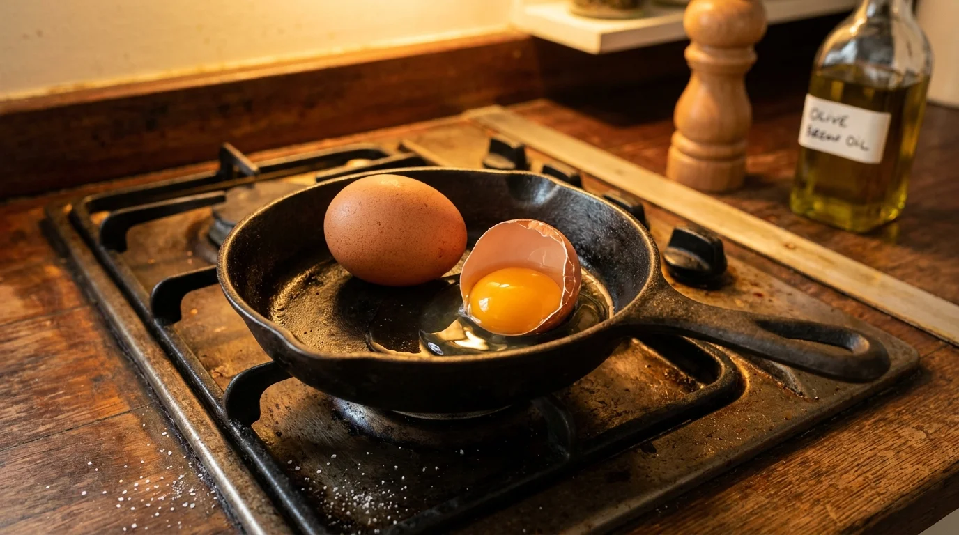 A close-up of eggs being prepared in a cast-iron skillet, focusing on the vibrant orange yolk of a fresh egg.