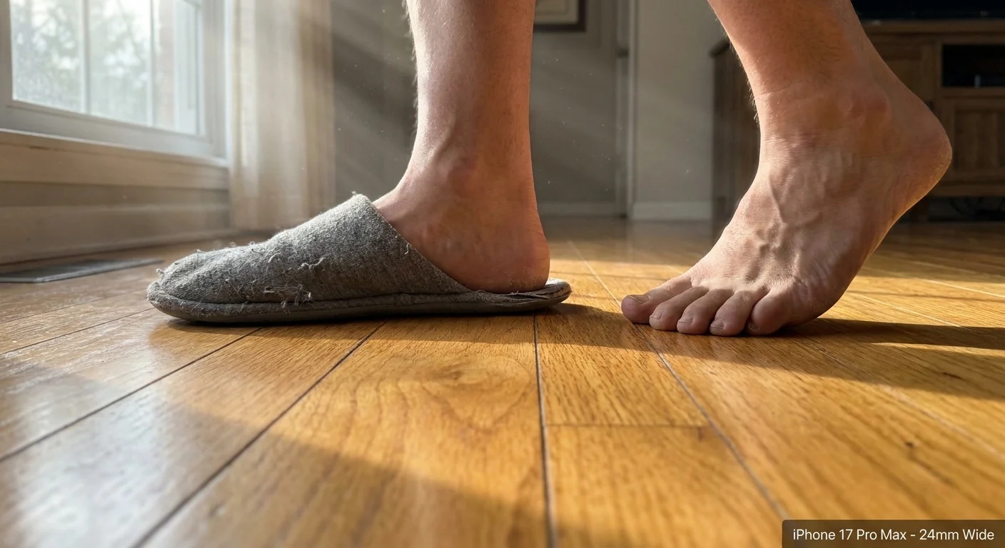 A close-up of feet in unsupportive slippers walking on a hard wood floor, highlighting the lack of arch support.
