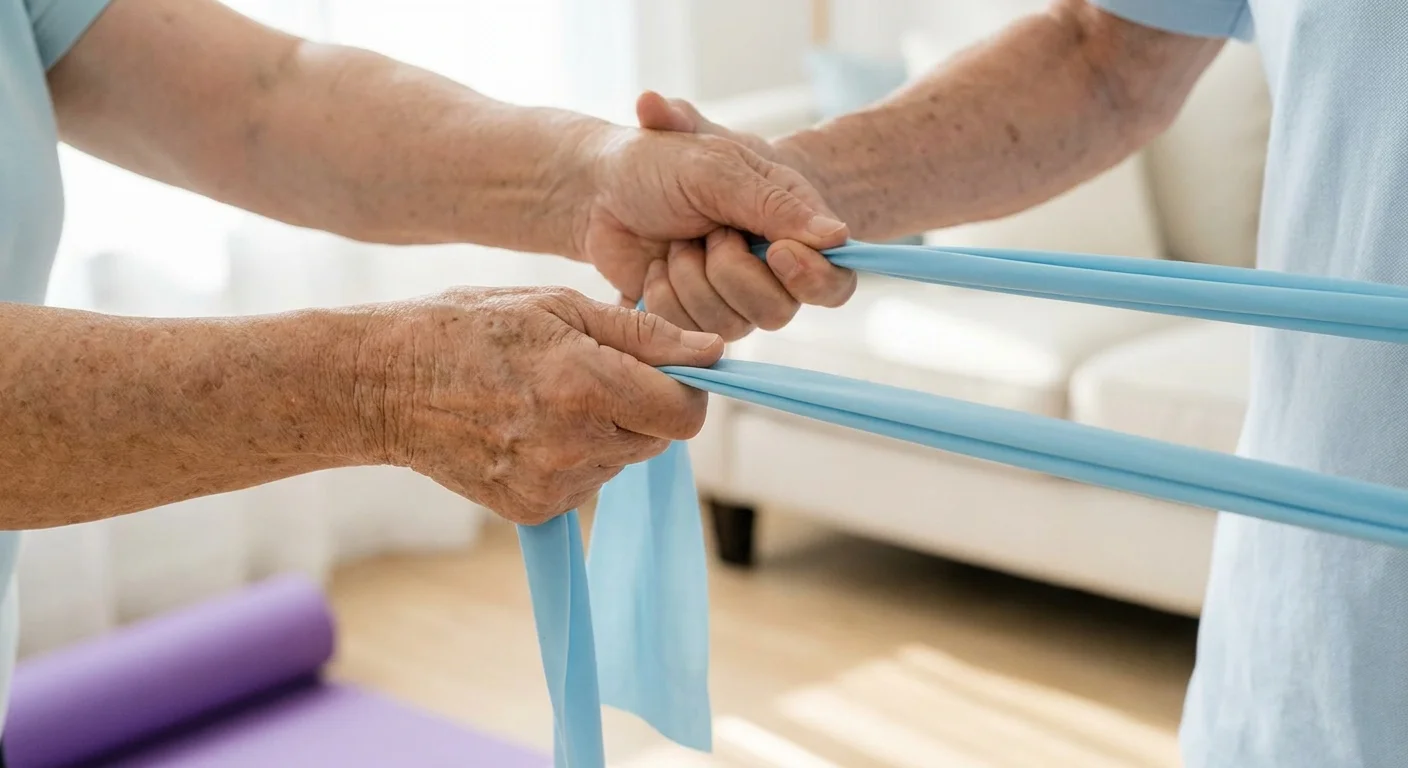A close-up of senior hands using a blue resistance band for gentle strength training in a bright room.