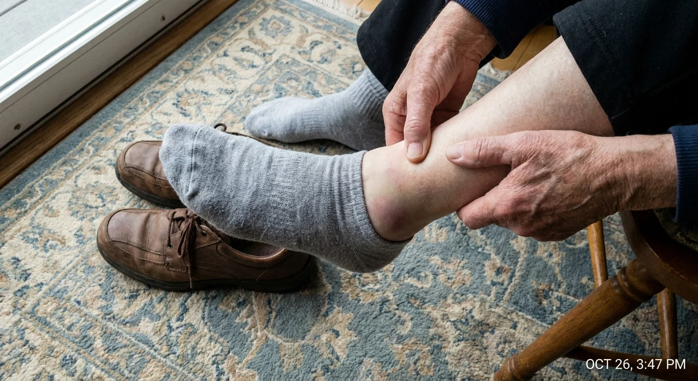A close-up photo of a senior checking for swelling around their ankle, a common sign of kidney issues.