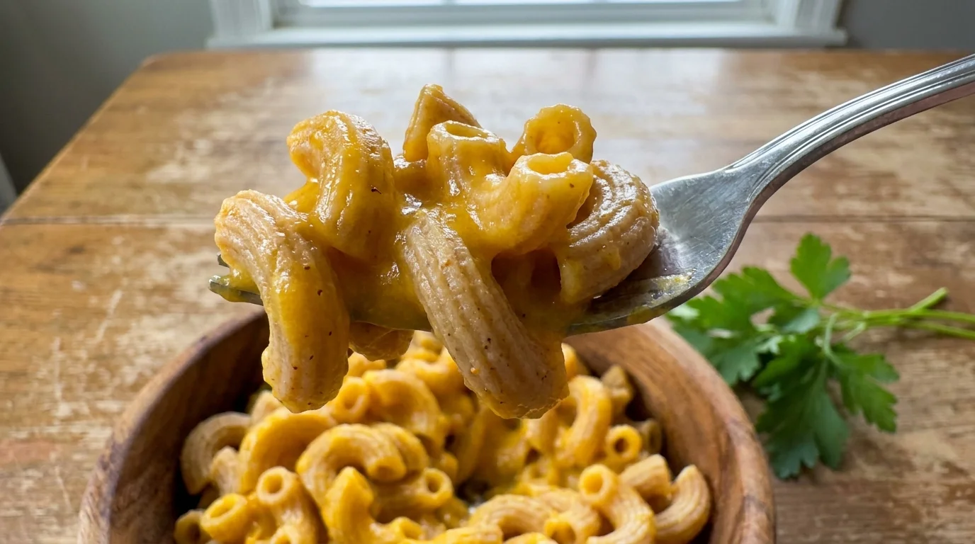 A close-up photo of creamy butternut squash macaroni and cheese on a fork, showing its rich, golden texture.