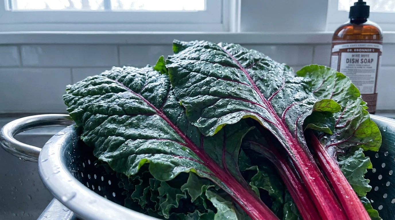A close-up photo of fresh green kale and Swiss chard leaves with water droplets in a kitchen colander.