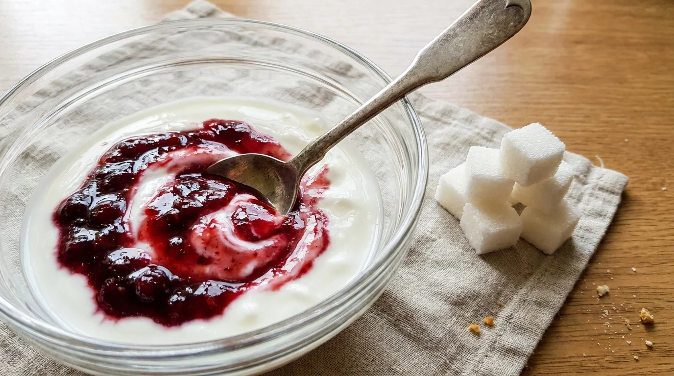 A close-up photo of fruit-on-the-bottom yogurt being stirred, next to a stack of sugar cubes representing hidden sugars.