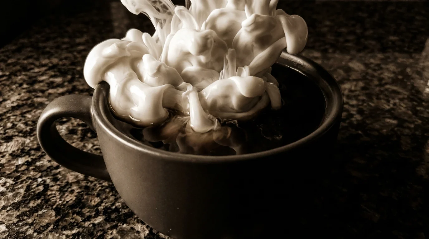 A close-up photo of white coffee creamer swirling into a cup of black coffee.