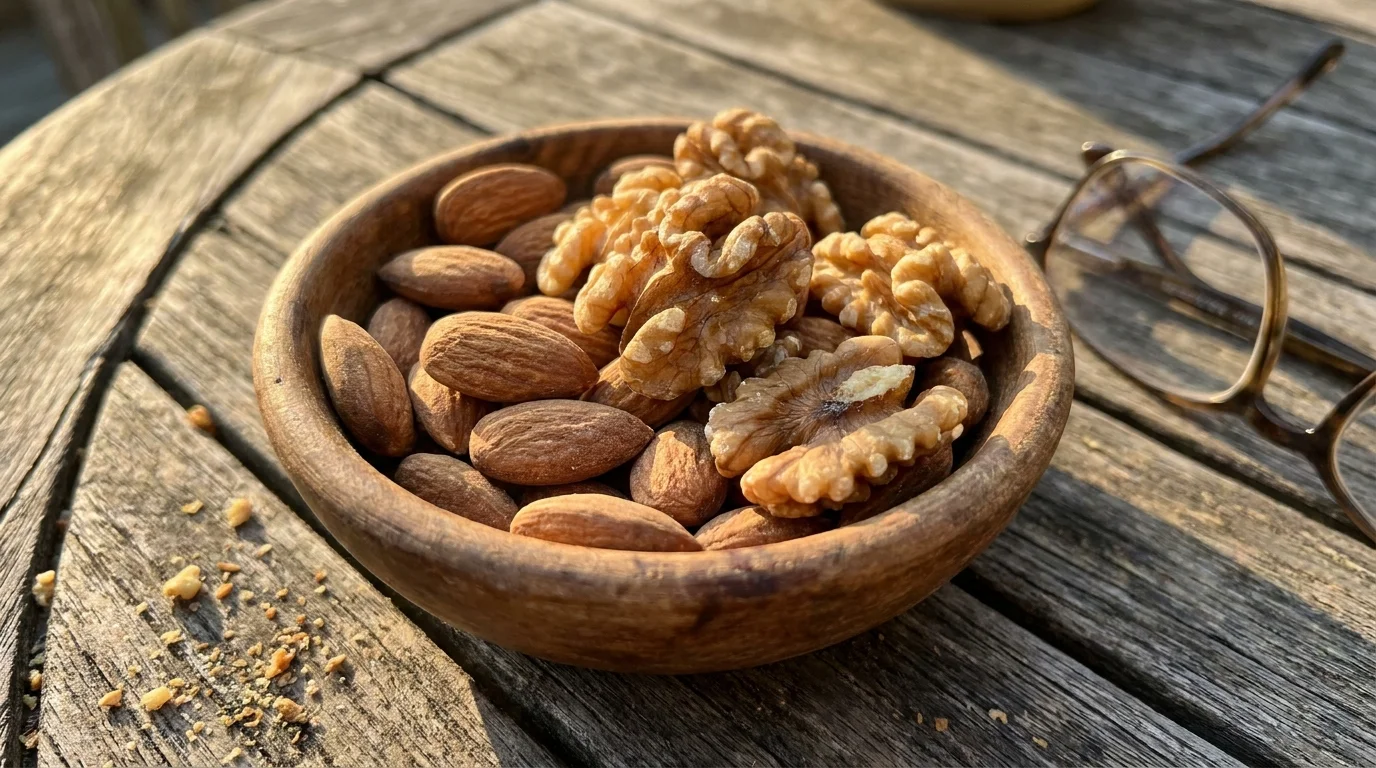 A close-up shot of a wooden bowl filled with walnuts and almonds, sitting on a sunlit table.