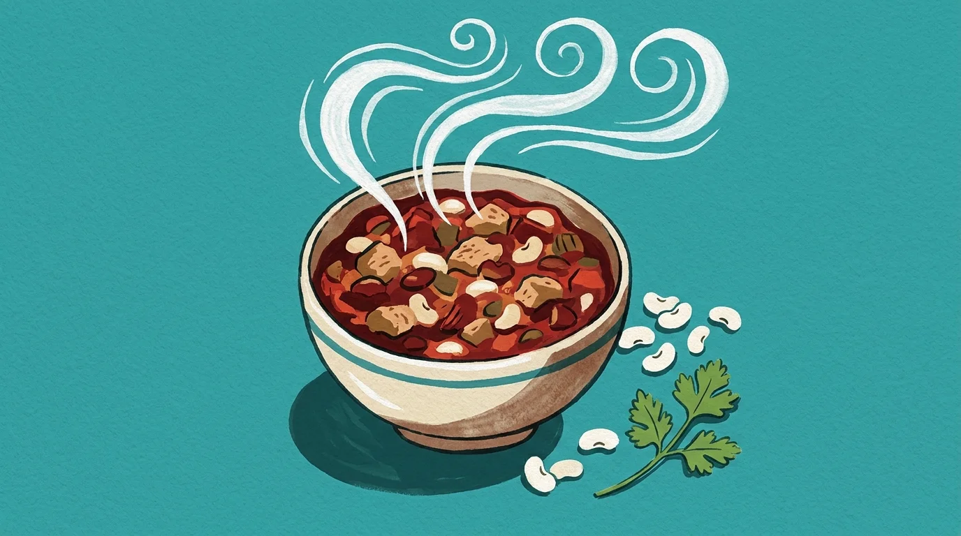A colorful gouache illustration of a steaming bowl of white bean and turkey chili with cilantro garnish.