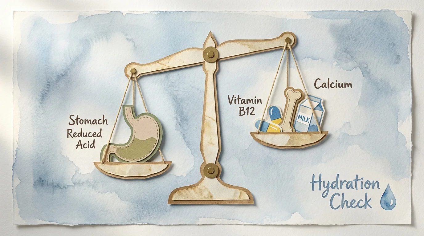 A conceptual collage of a balance scale and nutritional icons illustrating health precautions for seniors.