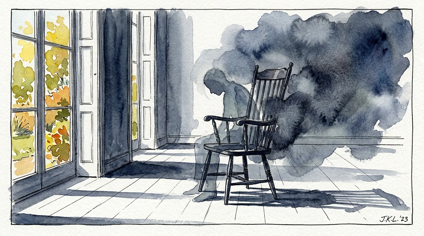 A conceptual watercolor illustration of a person sitting in a chair, surrounded by heavy blue washes symbolizing fatigue.