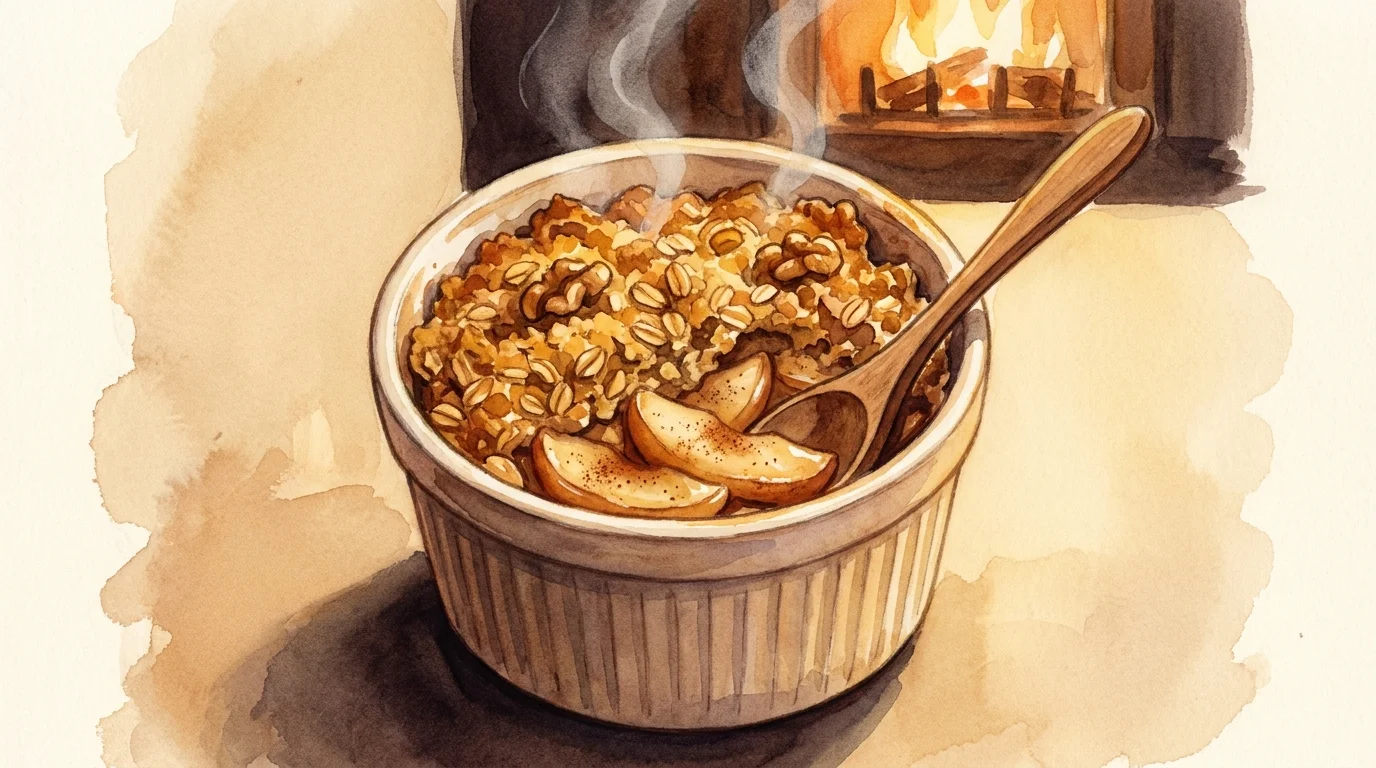 A cozy watercolor painting of an apple crisp ramekin with a golden oat and walnut topping.