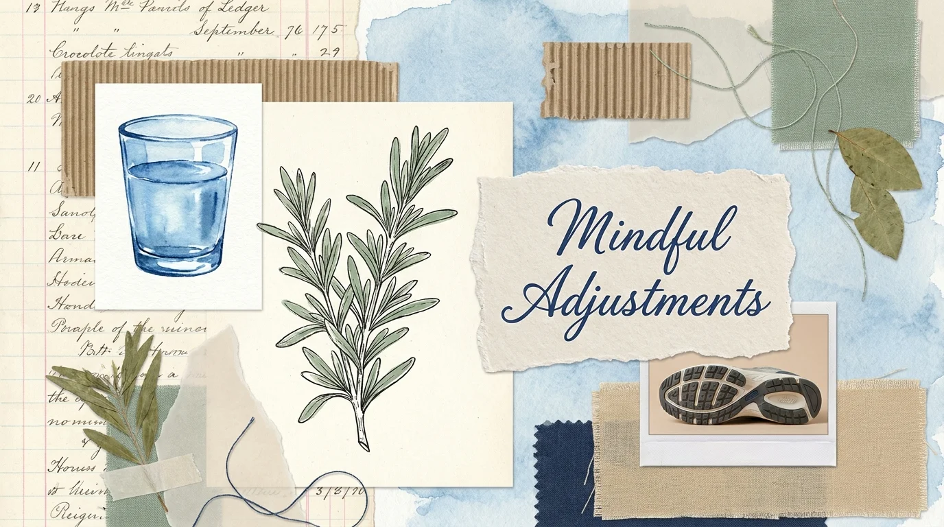 A creative collage of wellness symbols including a water glass, herbs, and supportive footwear elements on a textured background.