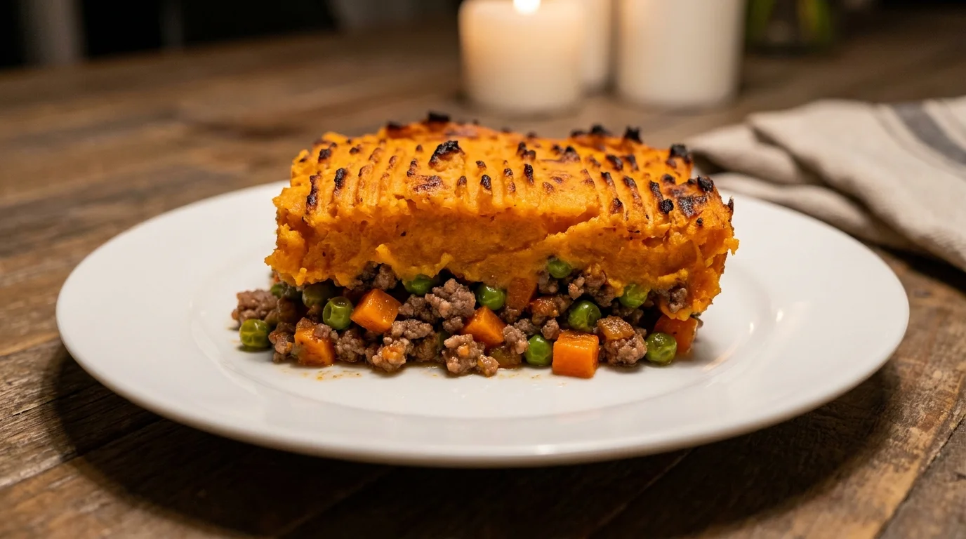 A cross-section view of a shepherd's pie showing the vegetable and meat layer topped with toasted sweet potato mash.