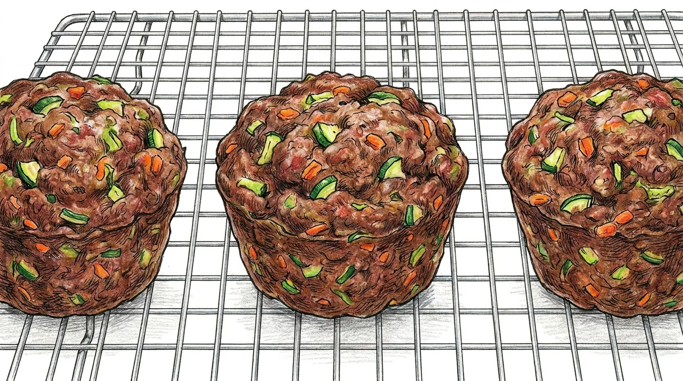 A detailed colored pencil drawing of three meatloaf muffins with visible bits of carrot and zucchini.