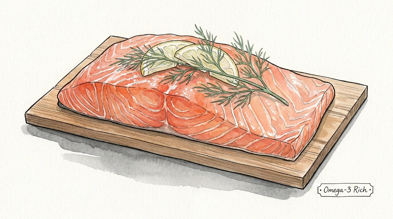 A detailed watercolor painting of a fresh salmon fillet topped with lemon and dill, emphasizing its healthy oils.
