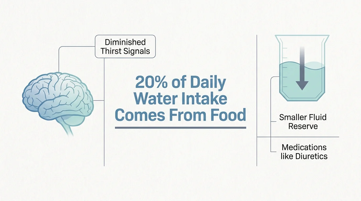 A diagram showing how aging affects thirst signals and highlighting that 20 percent of water intake comes from food.