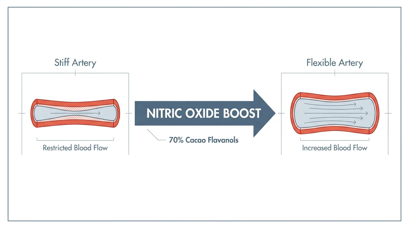 A diagram showing how dark chocolate flavanols help relax and widen blood vessels for better circulation.